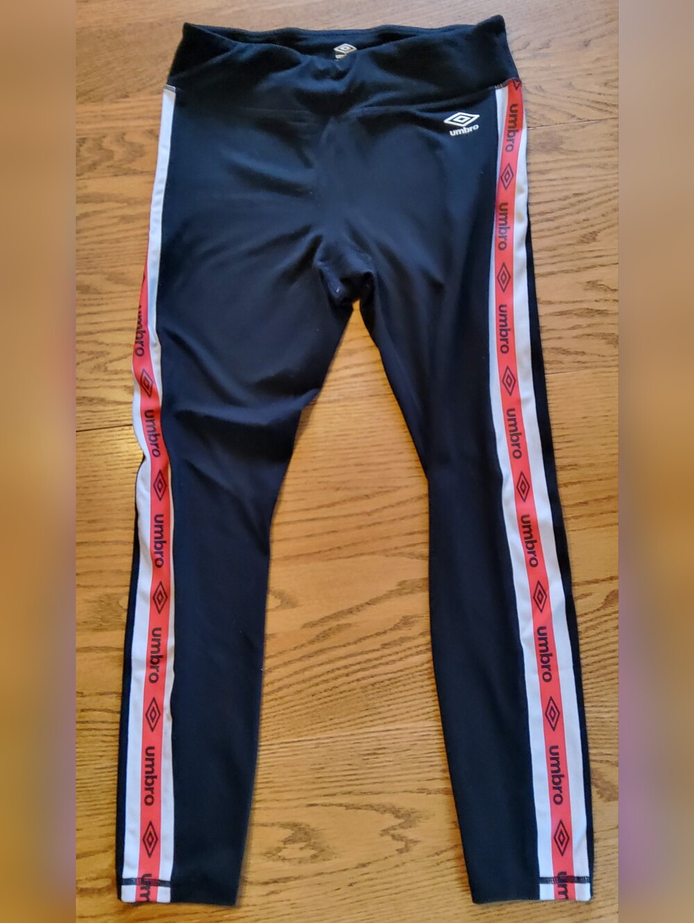 A4 Umbro Black Athletic Leggings with Red & White Logo Tape Down the Sides